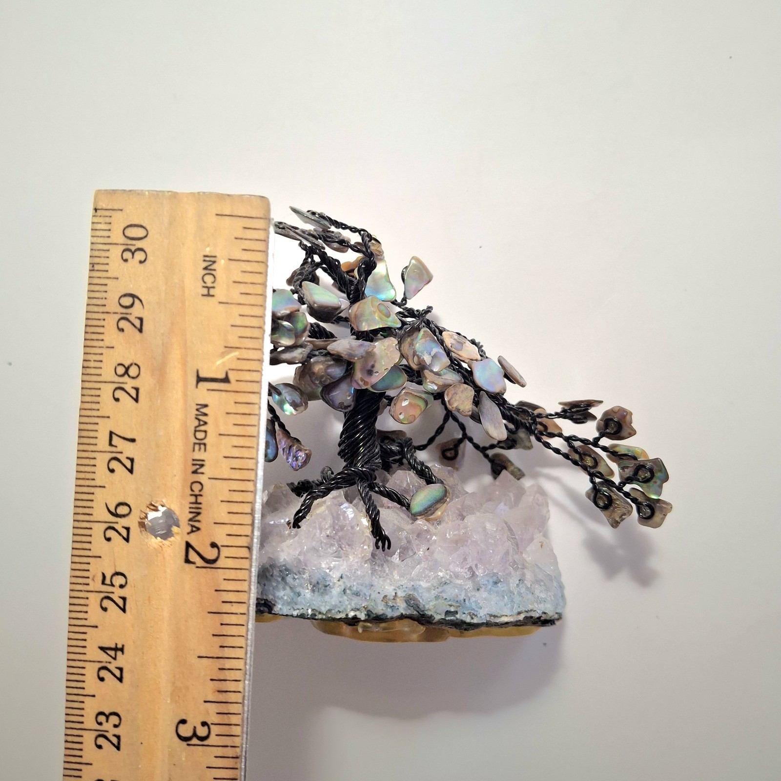 Vtg Stone & Abalone Shell Wire Asian Art Sculpture Tree of Life Figurine Signed