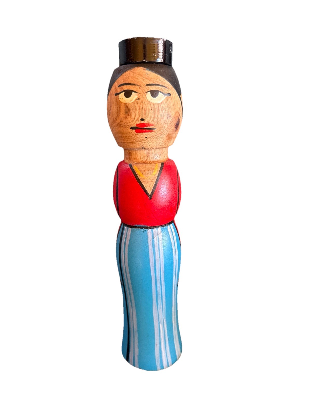 Primitive Wood ethnic peg Doll W/ Tea Lite Holder Hand Painted Collectible