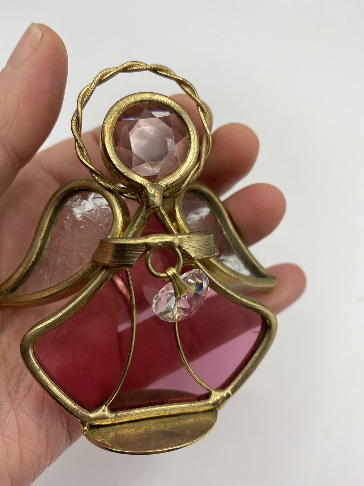 Vtg Stained Pink Clear Glass Metal Angel Figurine Ornament w/Heart 3 1/8″ Tall