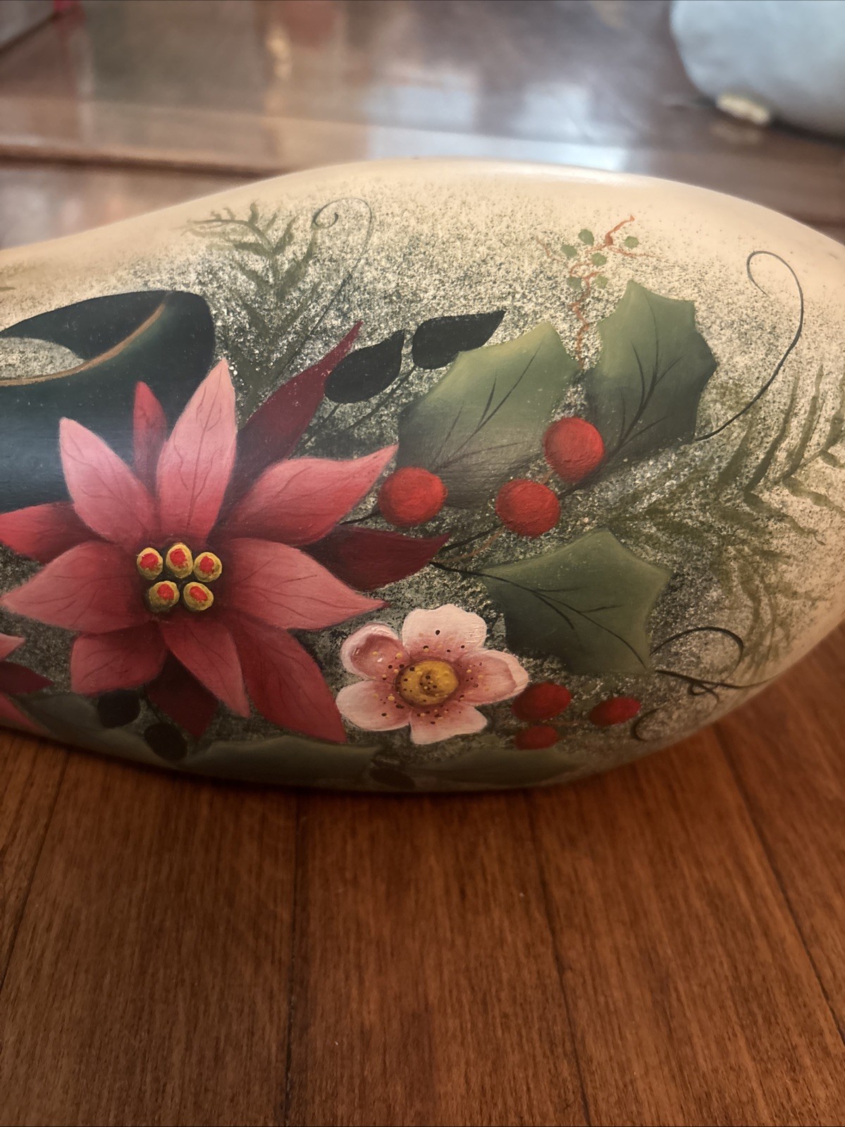 Vtg Decorative Folk Art Wooden Swan Poinsettia Hand Painted Artist Signed Heavy