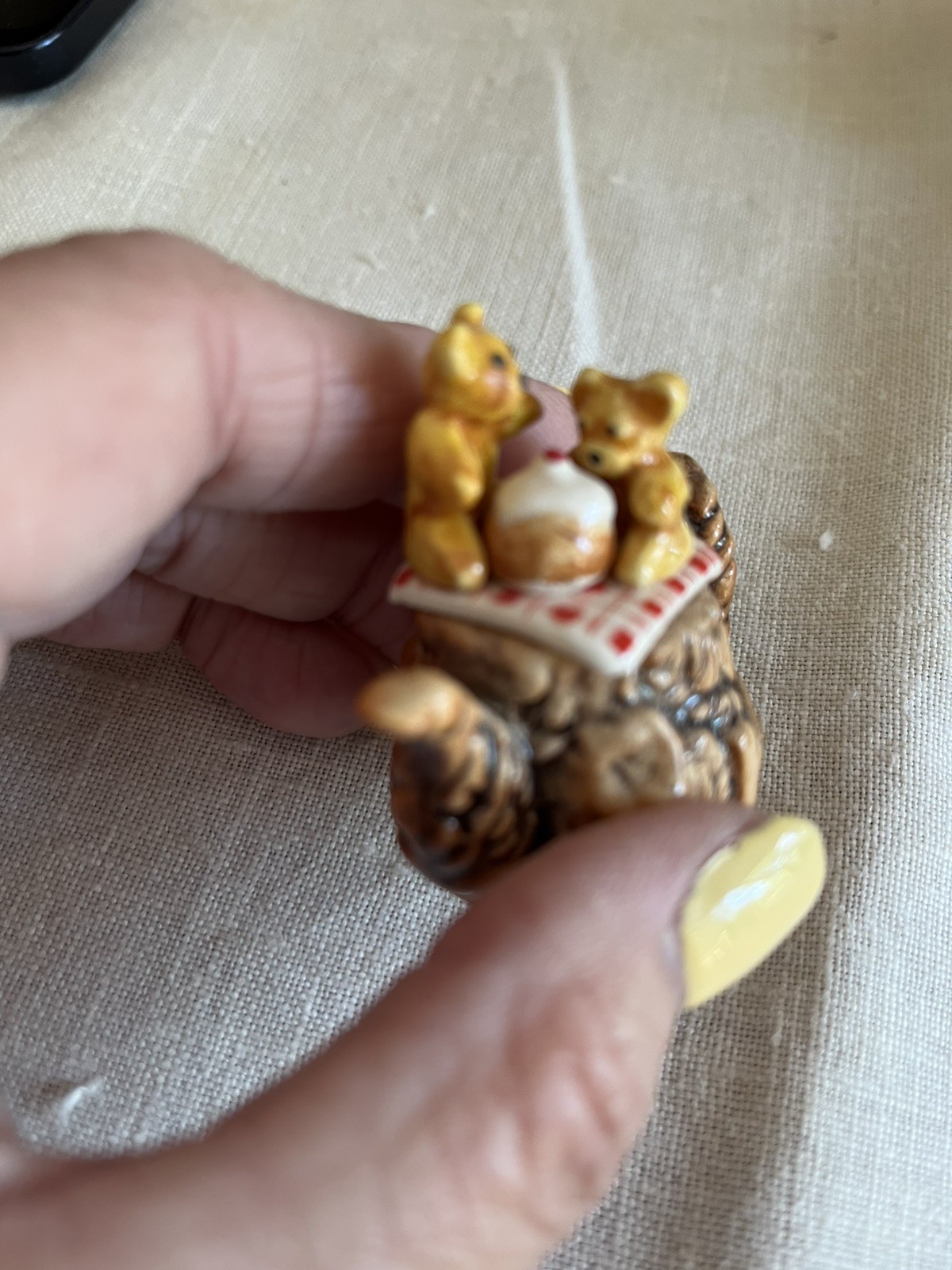 Miniature Teddy Bears Having A Picnic On A Tiny Teapot Figurine