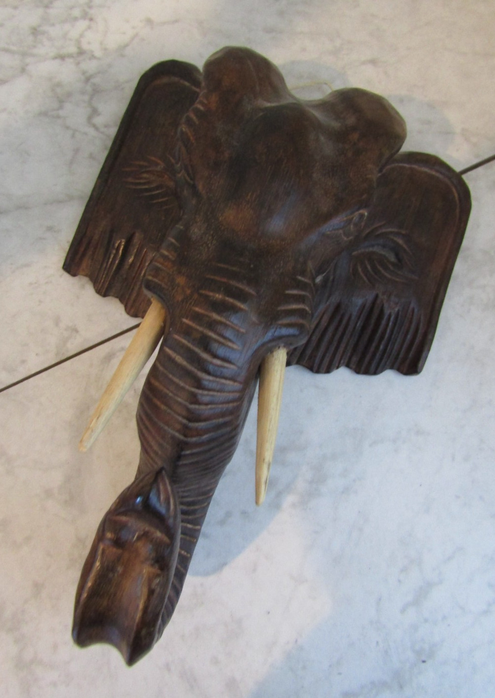 Wooden Elephant Head Carving Wall Hanging Decor Handmade 13.5” Long Indonesia