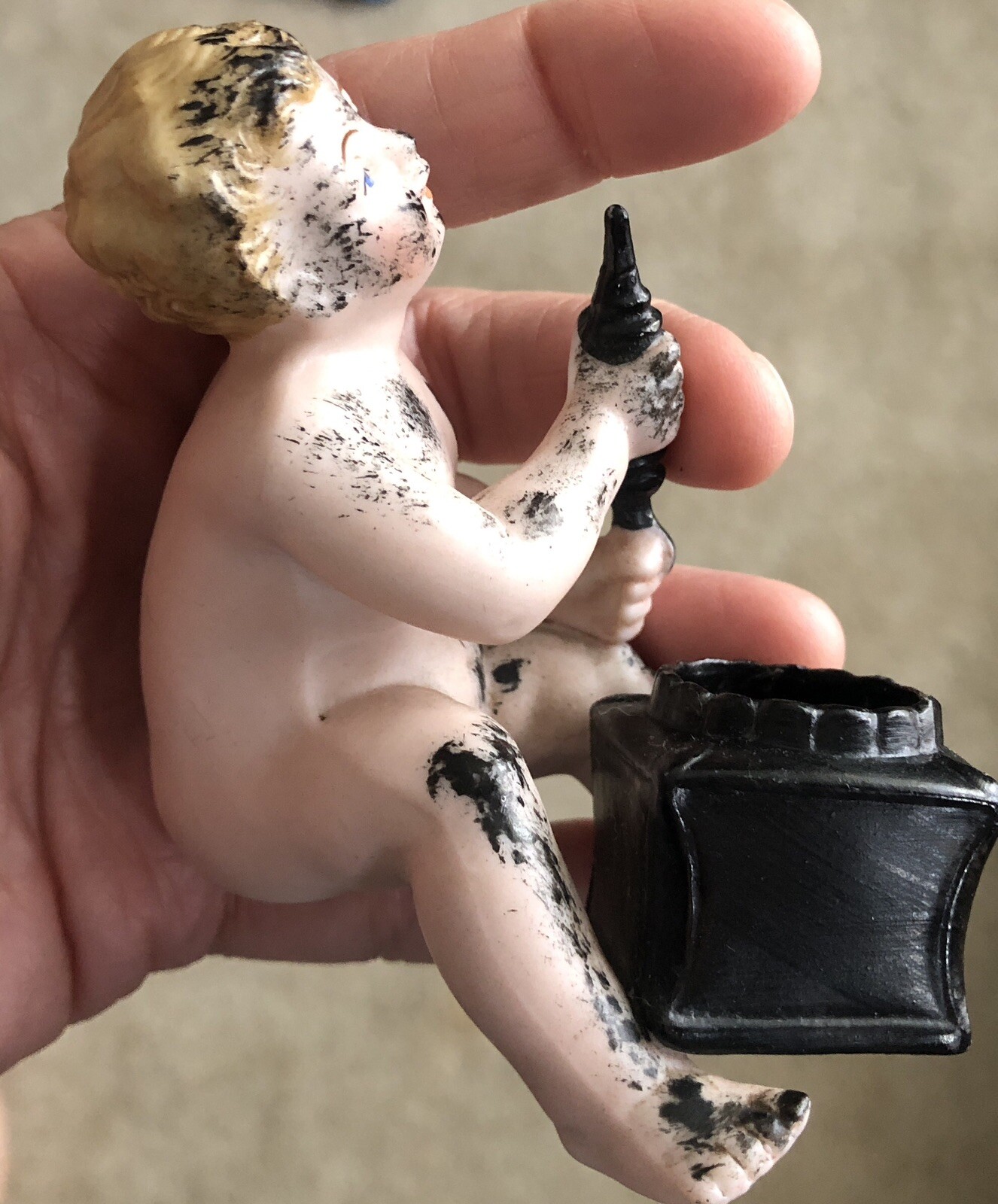 German Bisque Piano Baby with Grease Gun Ink Well Figurine