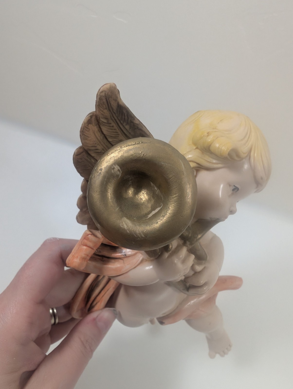 Vintage Italy Cherub Horn Trumpet Blonde Baby Molded Plastic Wall Decor