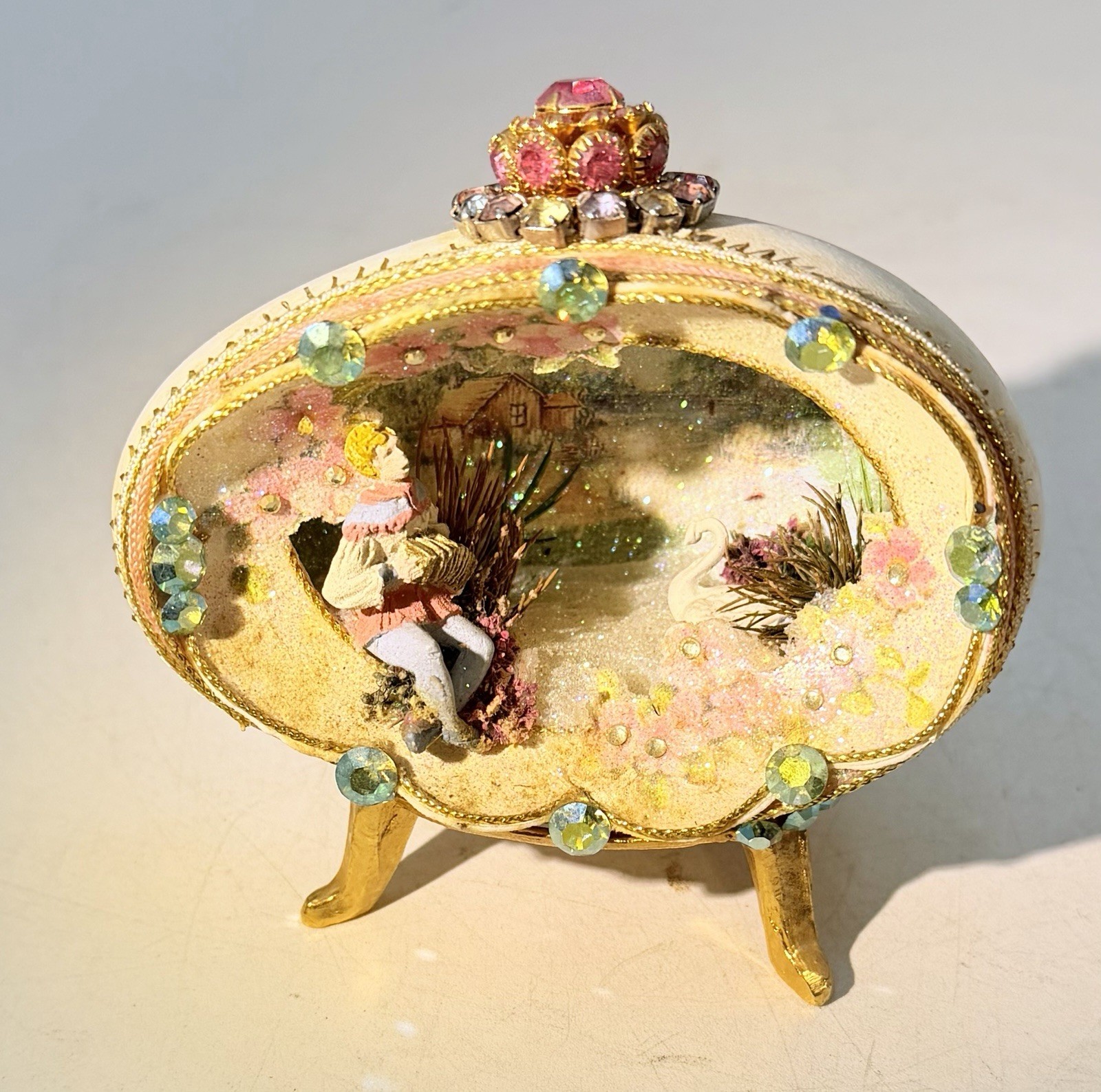 Vintage Handmade Egg Diorama With Jems, Swan Lake On Stand OOAK