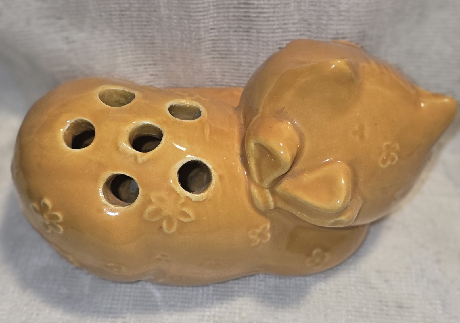 Vintage Italian Ceramic Cat Flower Frog / Potpourri Holder. Made In ITALY