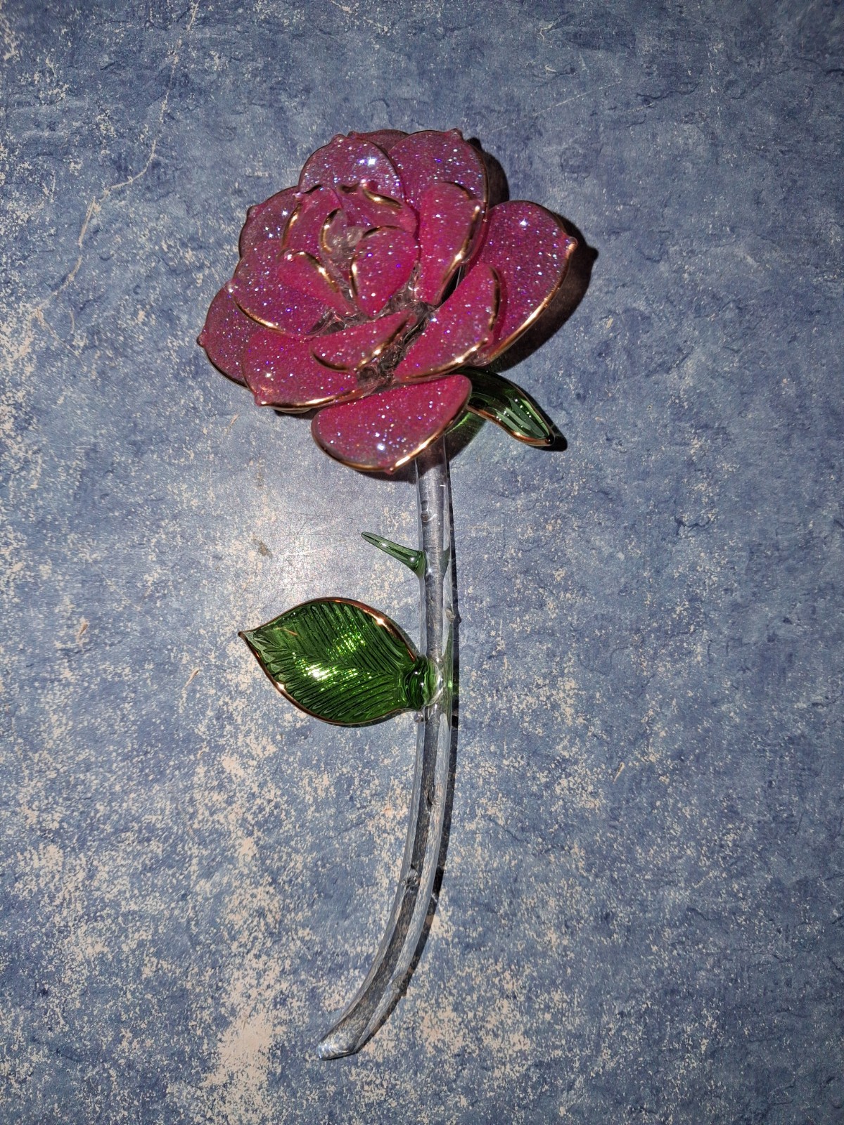 Vntg Glitter Pink Gold Tipped Rose 7″ Cystal In Mint Condition!