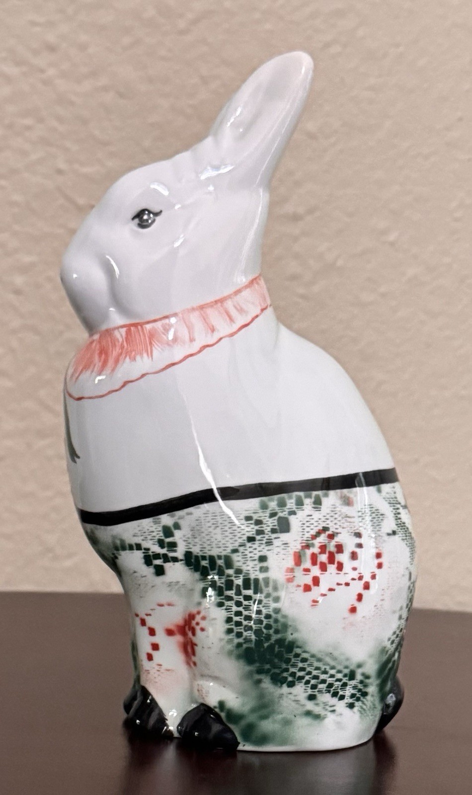 Vintage Hand painted Porcelain Bunny Rabbit Figurine Checkered Pattern
