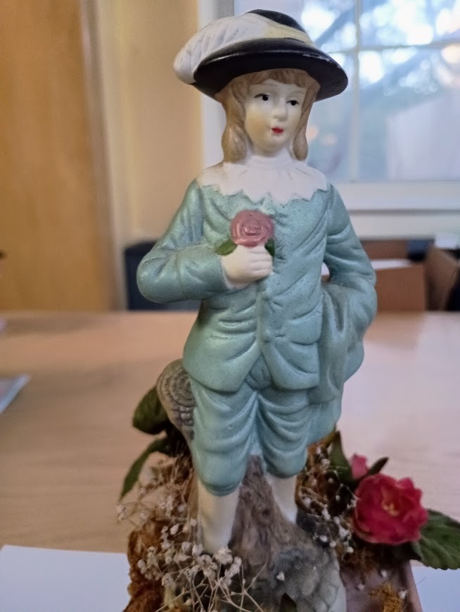 Vintage Bisque Colonial Man Holding Flower Standing on Floral Pedestal