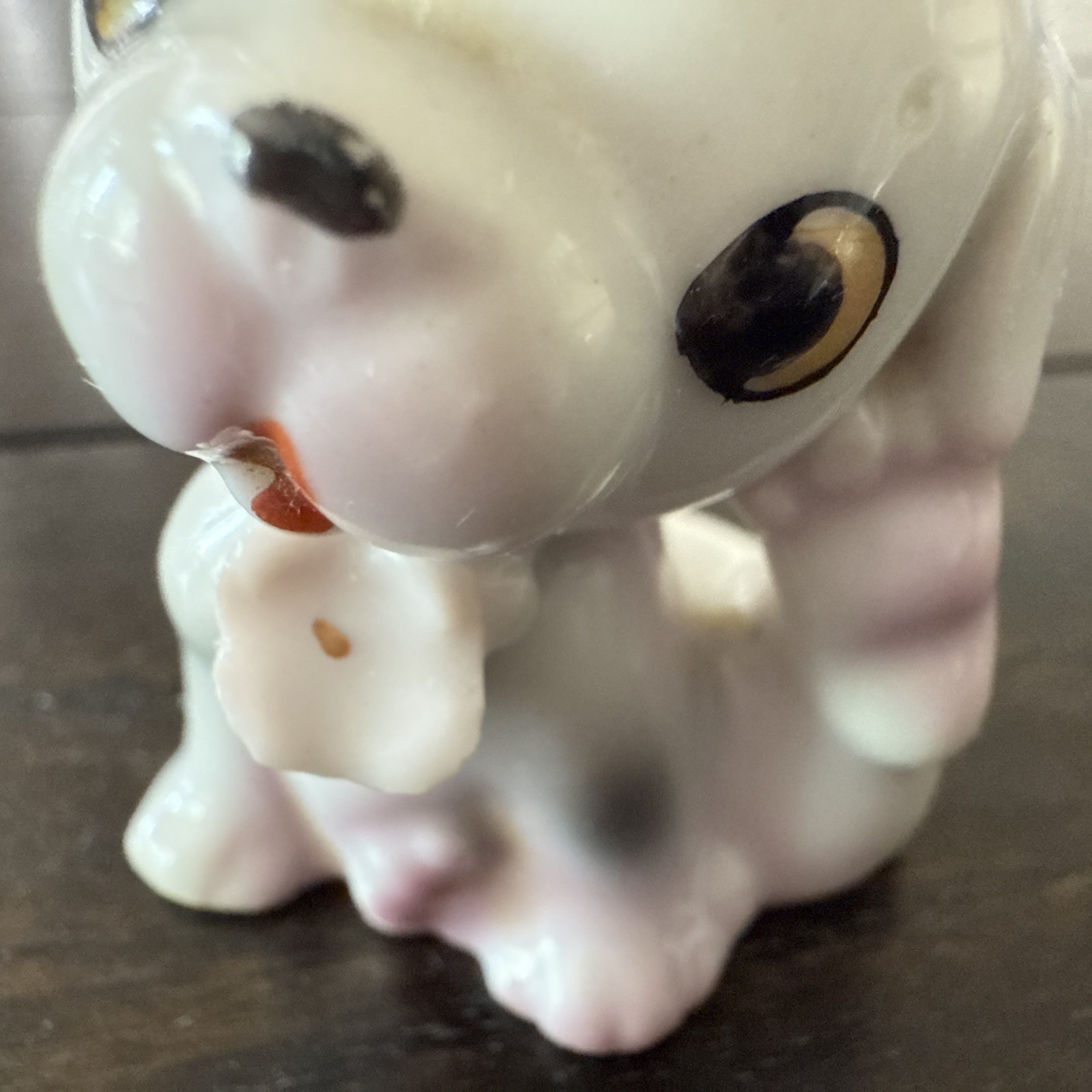 Vintage Porcelain Dog Figurine Puppy Large Eyes Flower 2” Japan Anthropomorphic