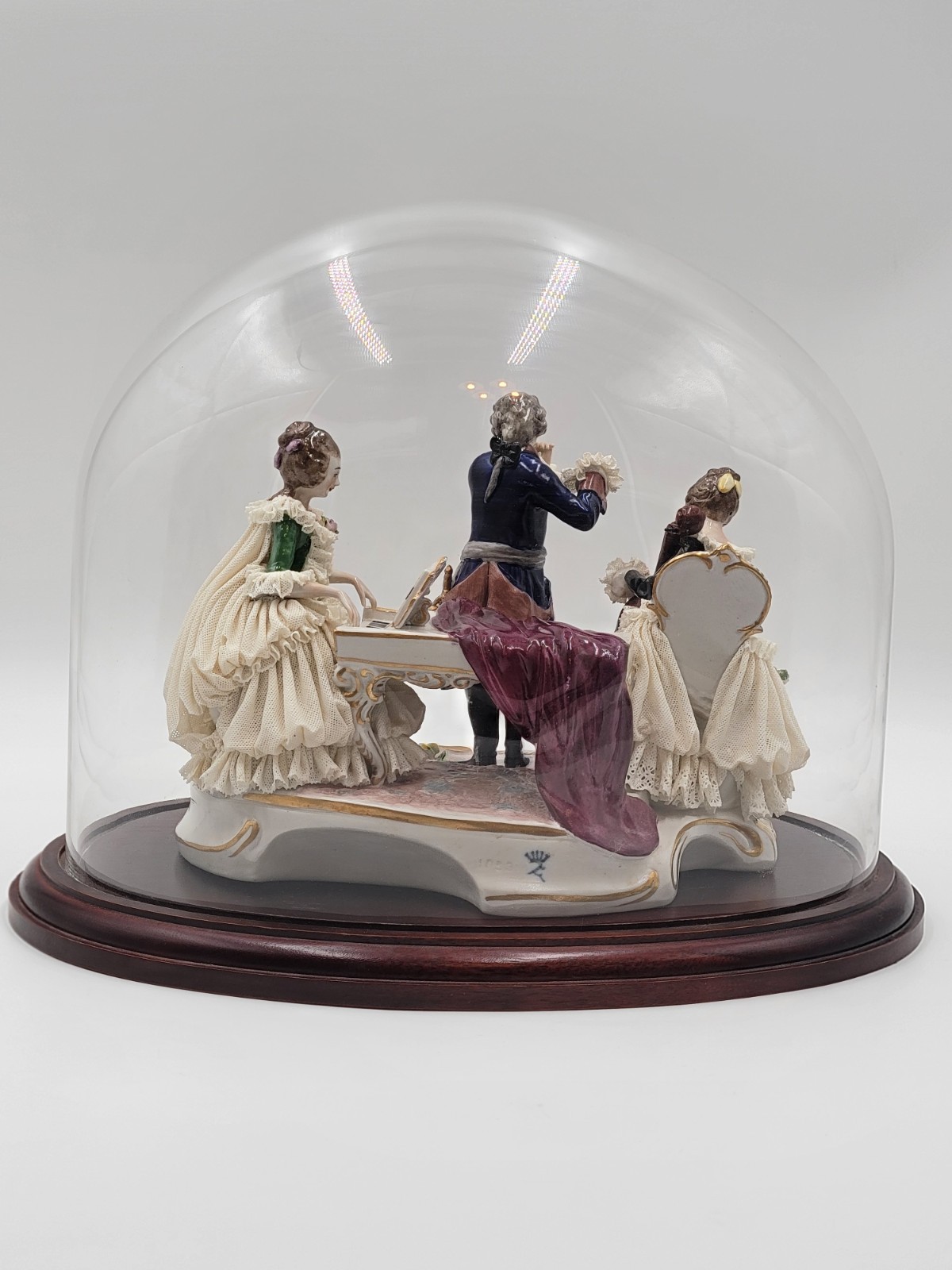 Antique 19th C Victorian Dersden Germany Laced Figurine Music Trio In Glass Dome