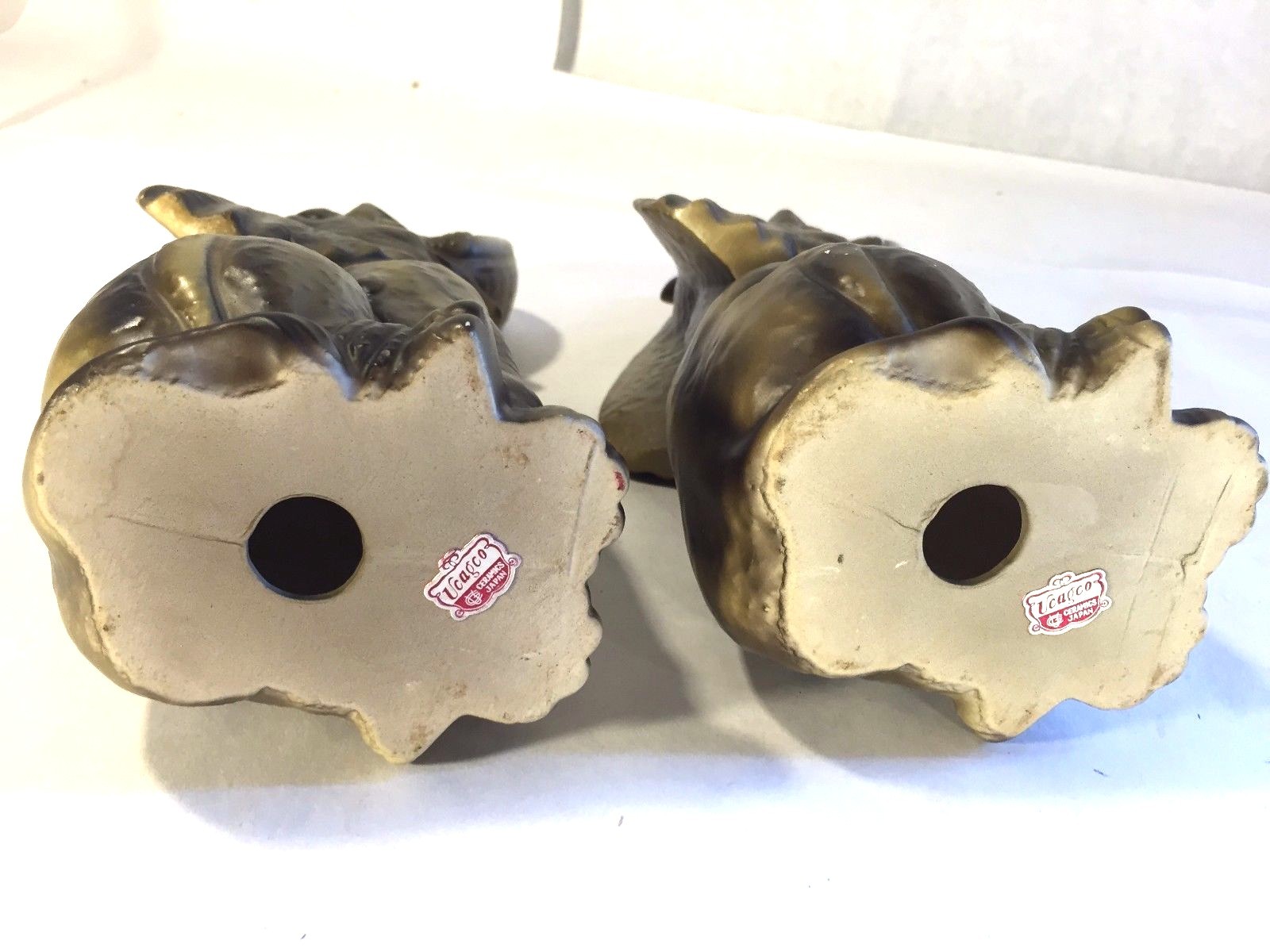 Pair Vtg Figural Elephant Figurines UCAGO Cermamics Japan w Label Sitting Haunch