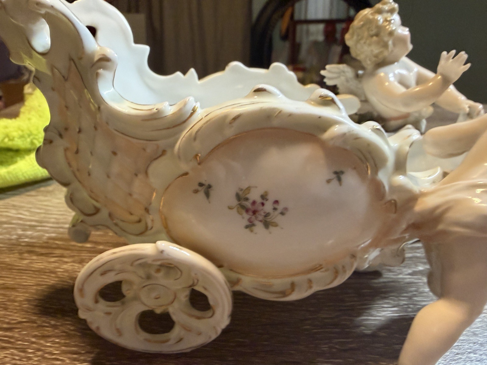 Antique Volkstedt Porcelain Cherub on Chariot Triebner Ens Eckert Rococo 1880s