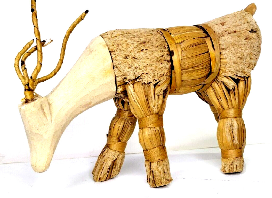 Vintage Unusual Handcrafted Exotic Deer Folk Art: Wood, Wicker & Straw, 8″