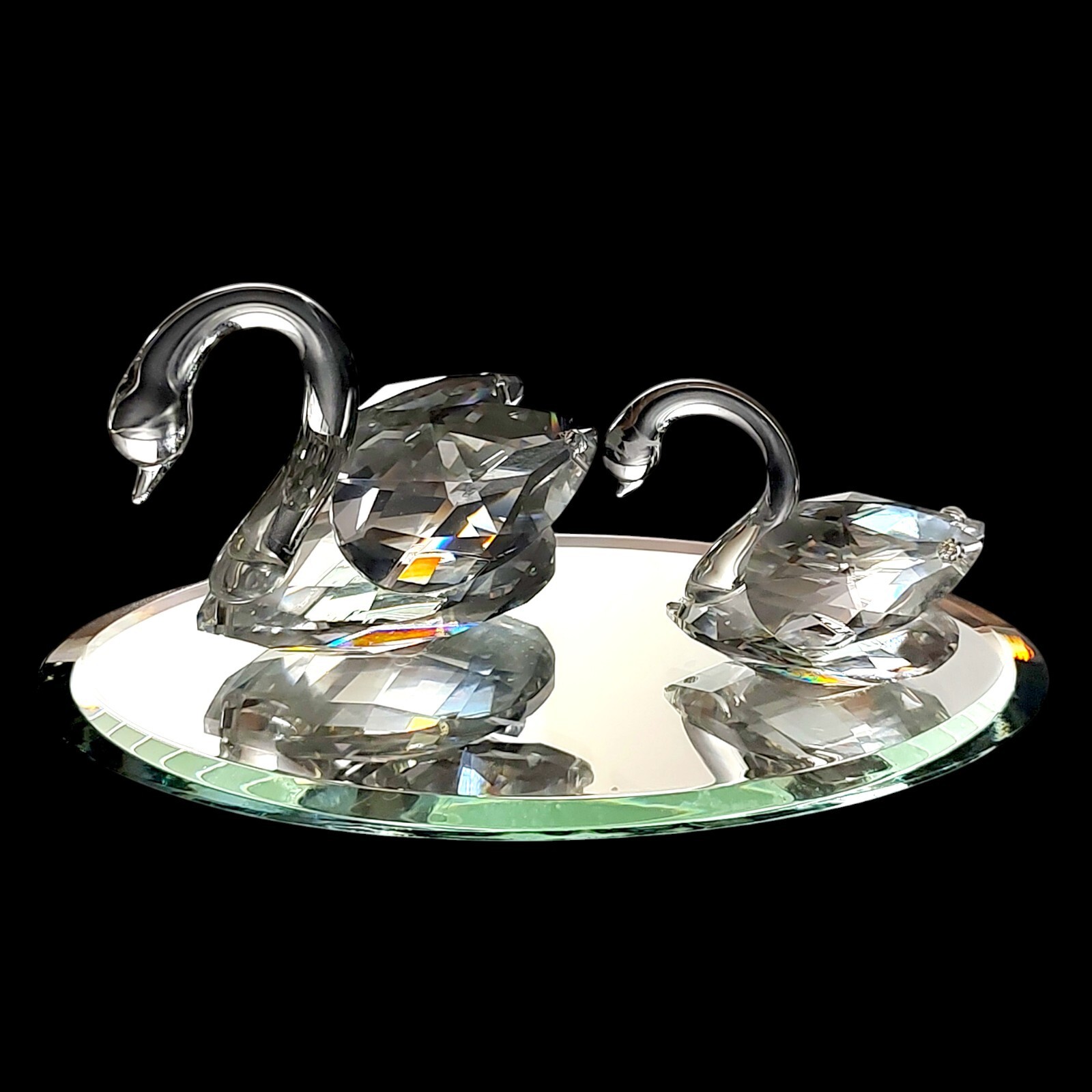 Swarovski Silver Crystal Swans Pair Medium & Mini On 5″x 3″ Mirror Base