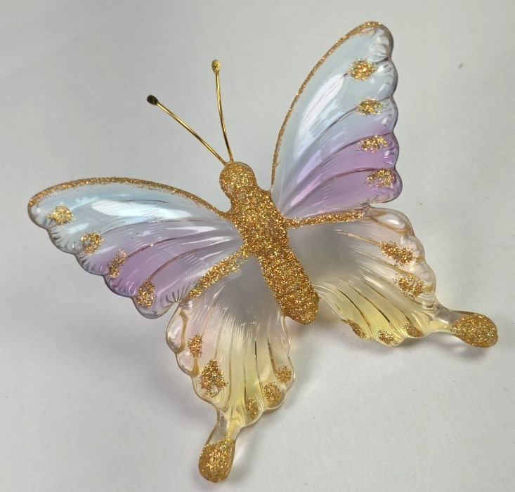 Iridescent Acrylic Butterfly Figurine w/Gold Glitter Memo Deco Jewelry Clip