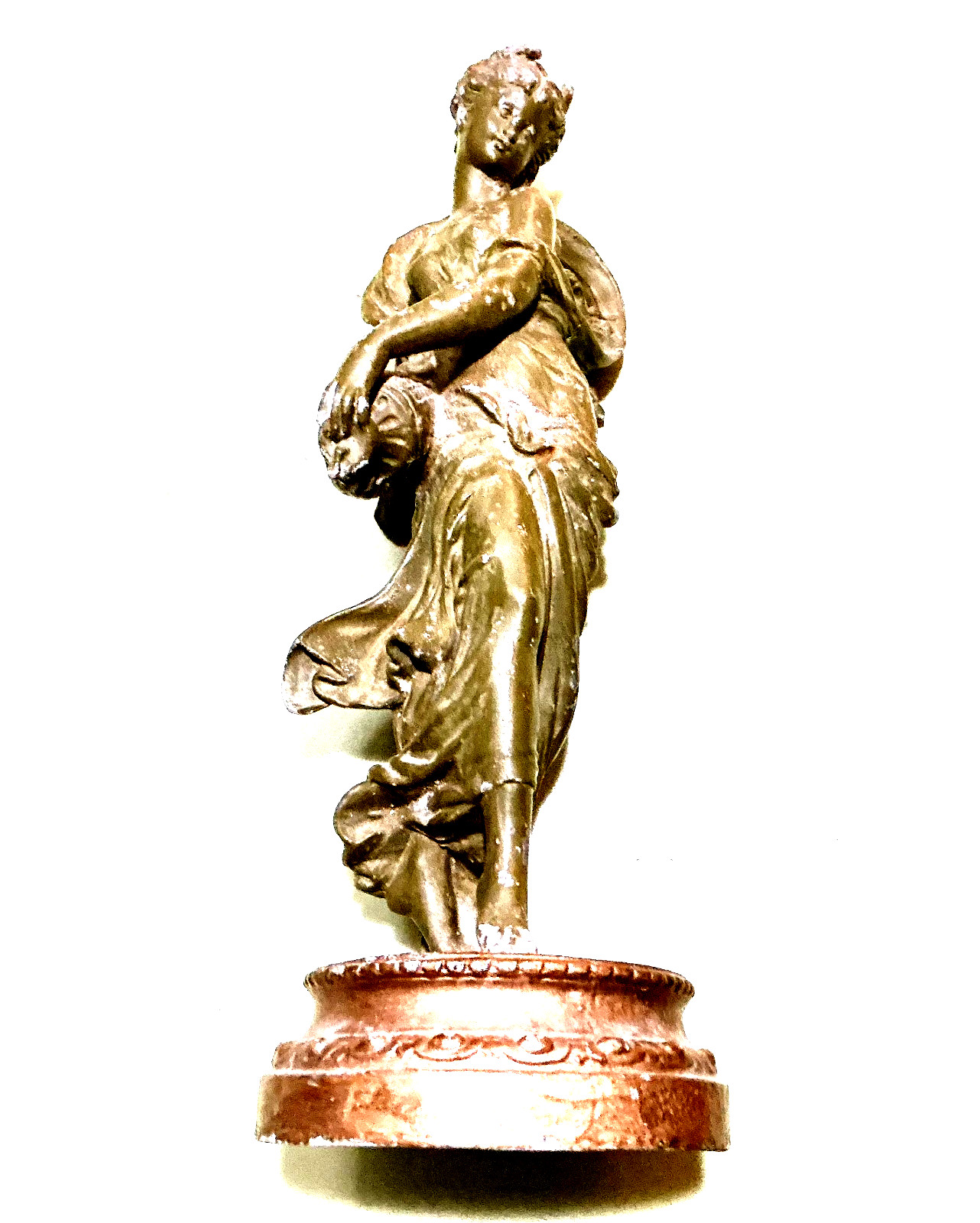 Antique Bromze Statue of Greek Goddess, Flowing Hair Garments, Poring Wine.