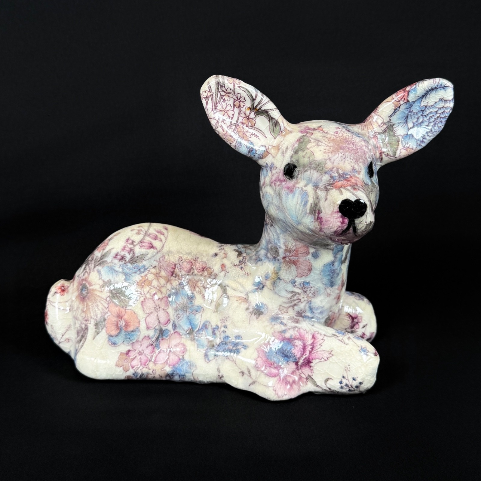 Floral Decoupage Lying Deer Figurine Ceramic Sculpture h8″