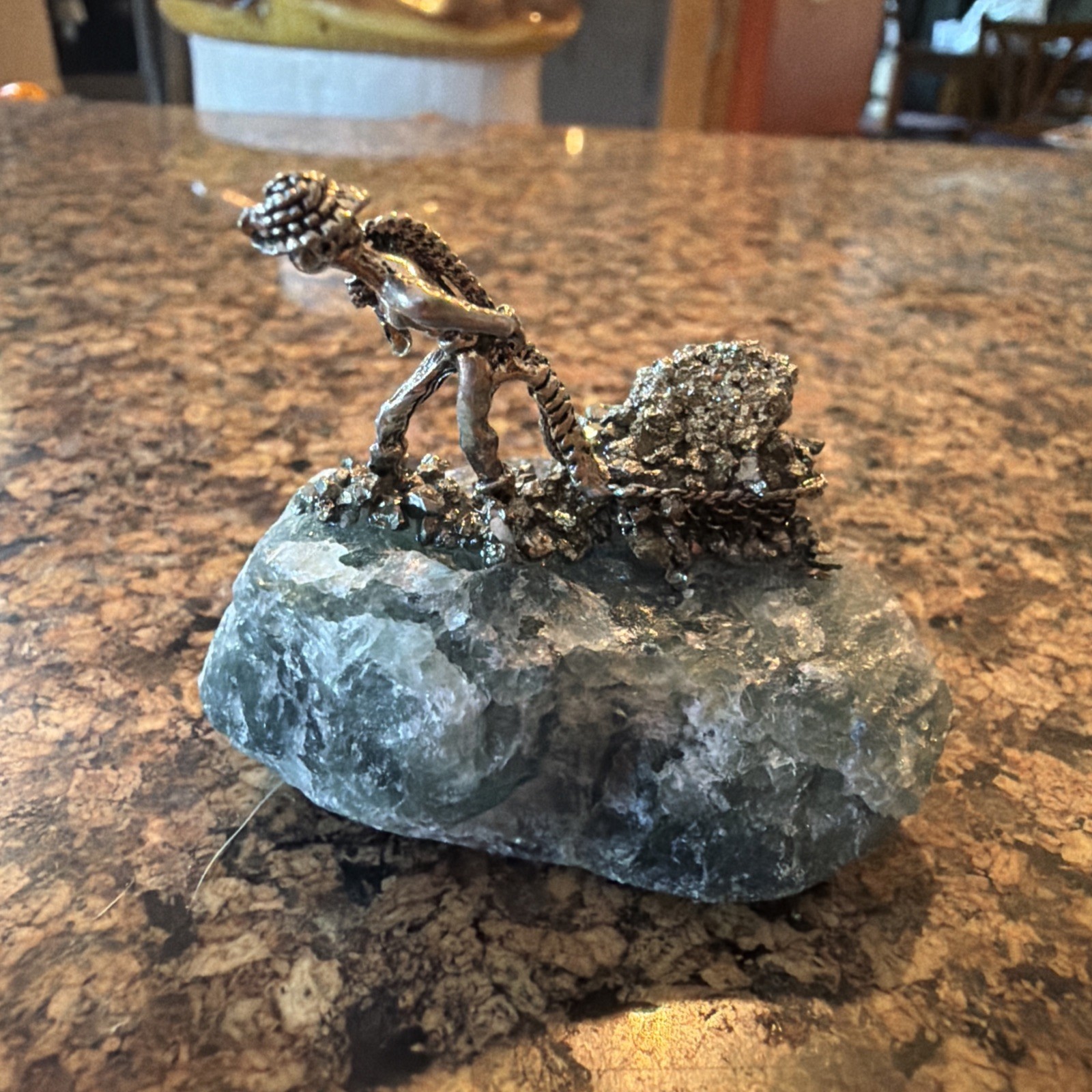 Miner Metal Figurine Sculpture fluorite Stone Base