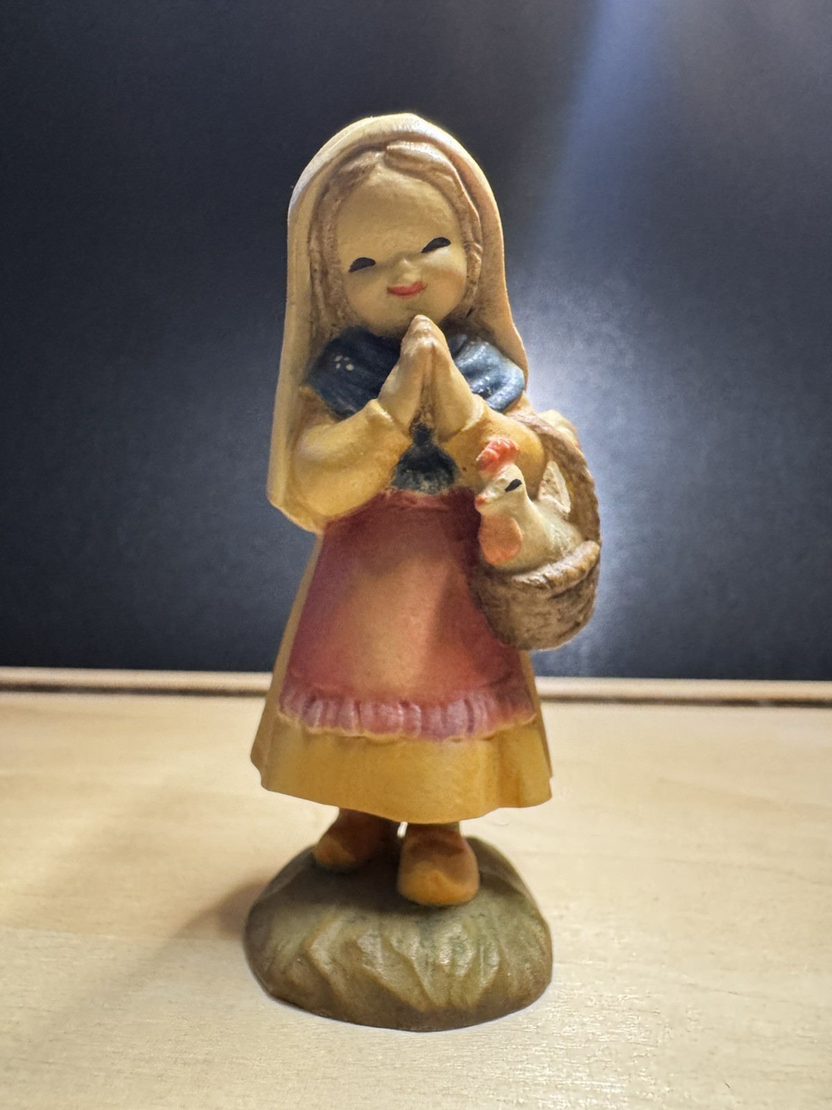 ANRI Juan Ferrandiz 3″ Wood Carving ‘Girl with Rooster’ Hand Made in Italy