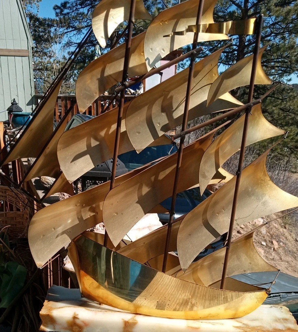 Vtg MCM Sculpture Sailing Ship DeMott Brass Copper Brutalist Signed Onyx 21.5″
