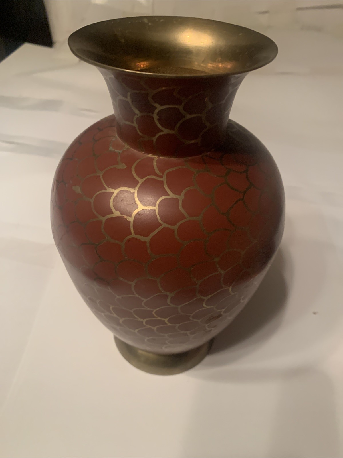 Vintage Brass Fish Scale Design Vase Burnt Brick Red / Metallic Gold India