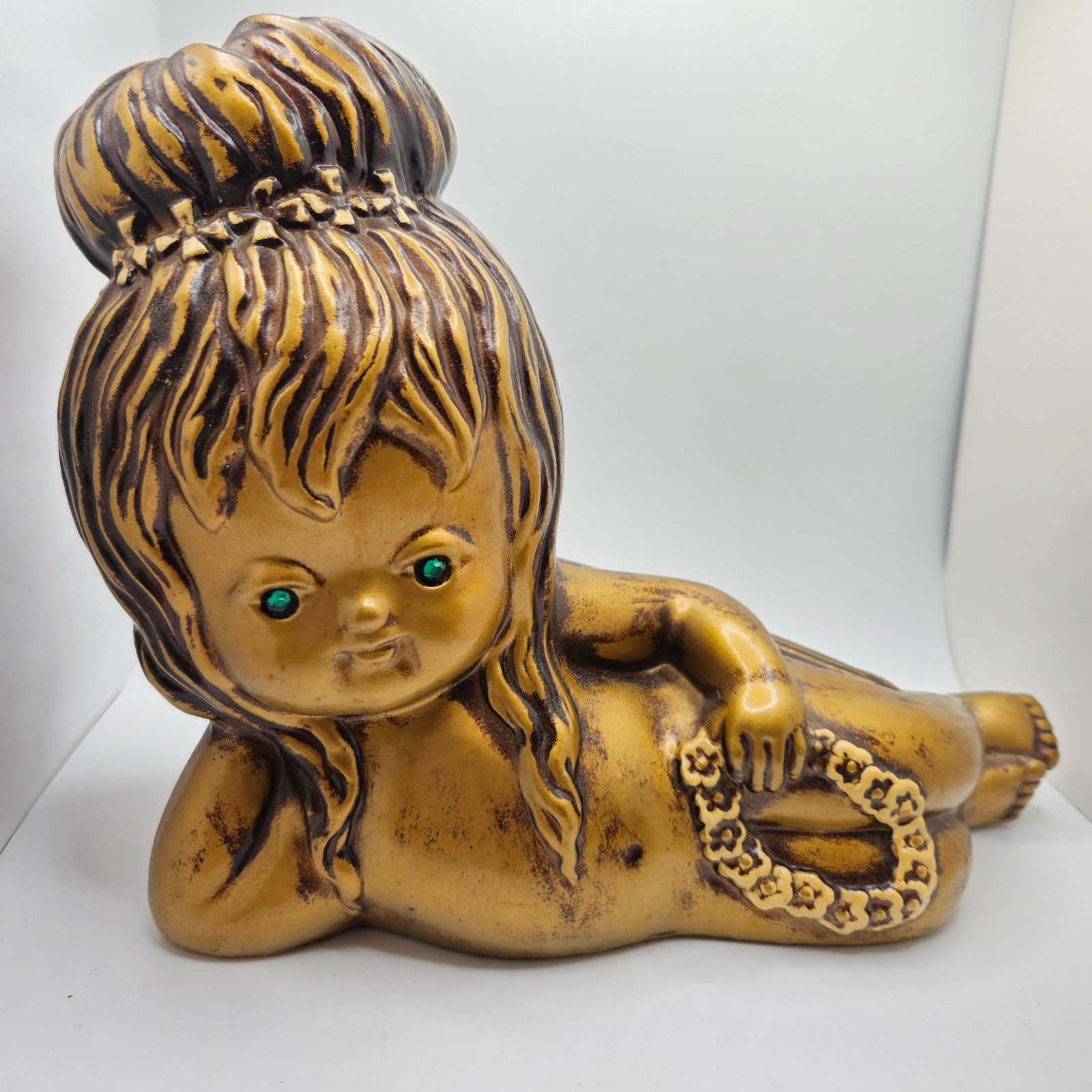 Vintage Japan Cherub Angel Figurine Gold Tone Green Eyes Reclining Statue
