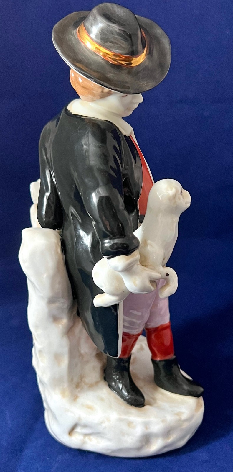 Figurine Enamel Porcelain Boy & Dog, 10.5” Tall, Vintage Early-Mid 20th Century