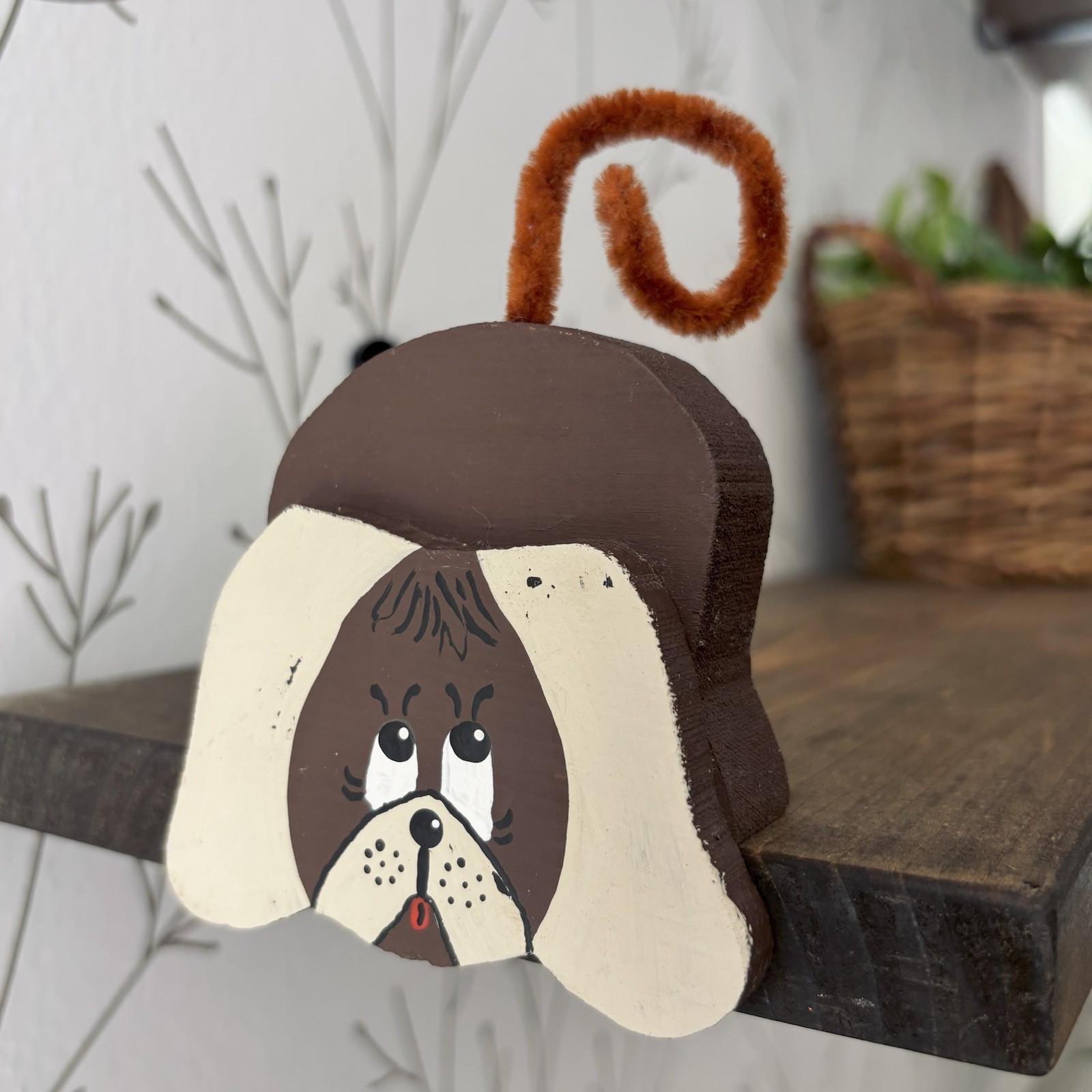 Vintage wooden hand painted brown hound dog decorative accent shelf sitter decor