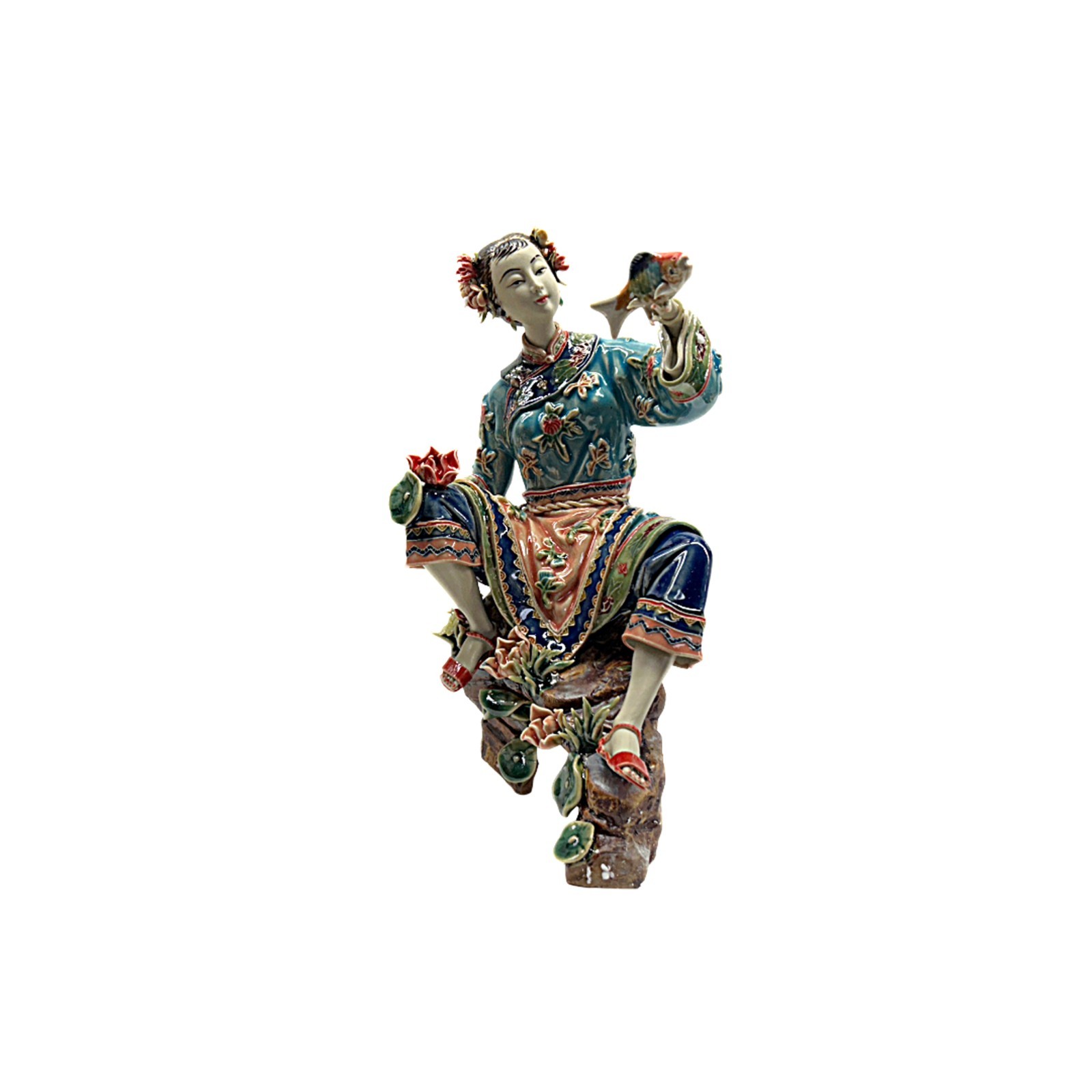 Chinese Porcelain Qing Style Dressing Catching Fish Lady Figure ws4853