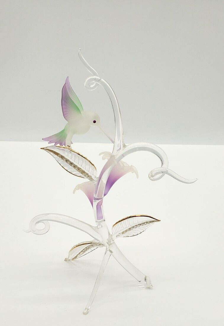 Hand Blown Glass Hummingbird Figurine Gilded Leaf Tips 11″ Tall Frosted Bird