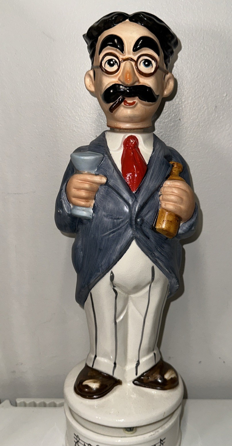 Vintage-Ceramic-Groucho Marx wine bottle. Wind up music, How dry I am -W/box