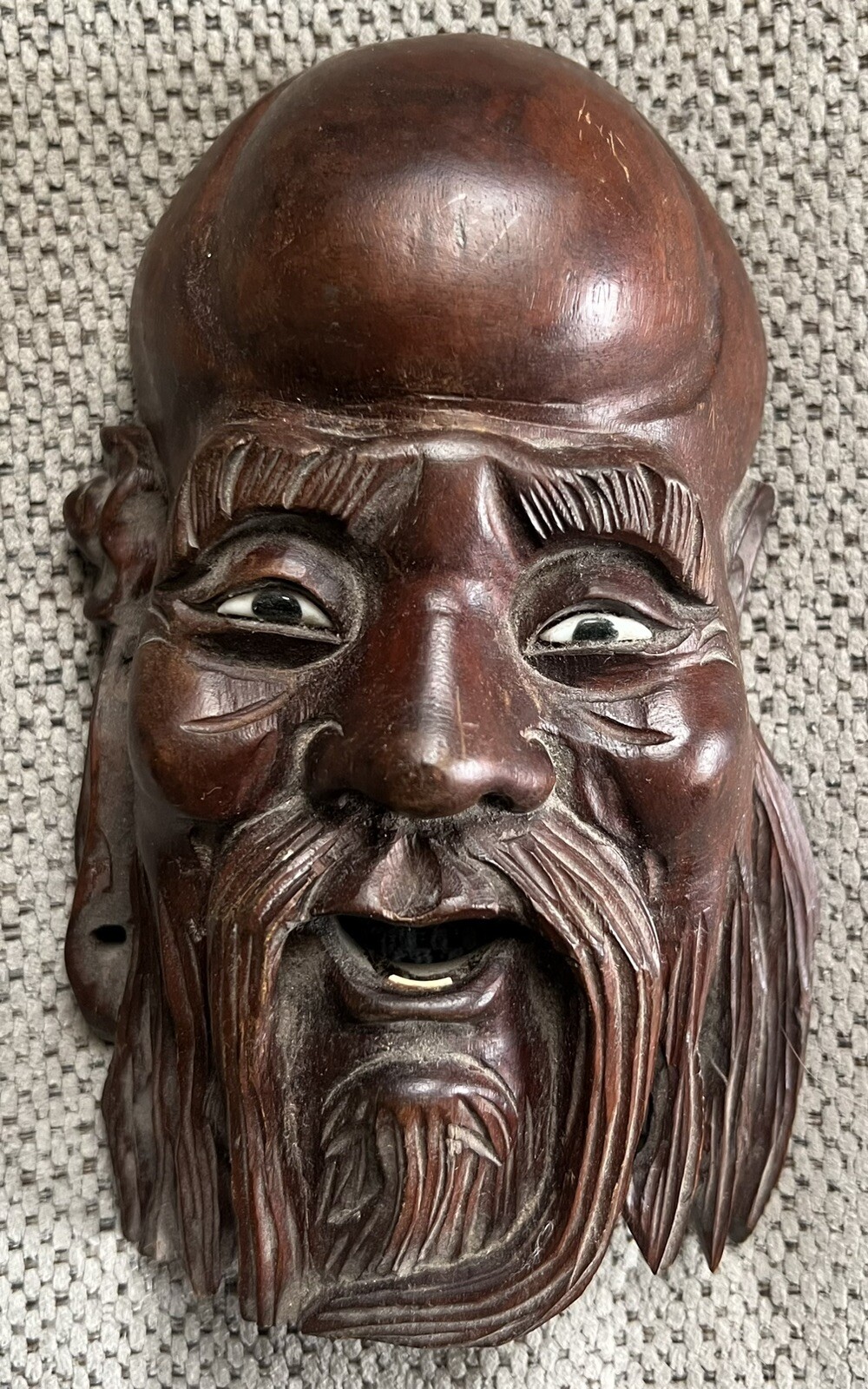 Vintage Carved Asian Wood Head Great Detail Glass Eyes Happy Man Wall Hanging