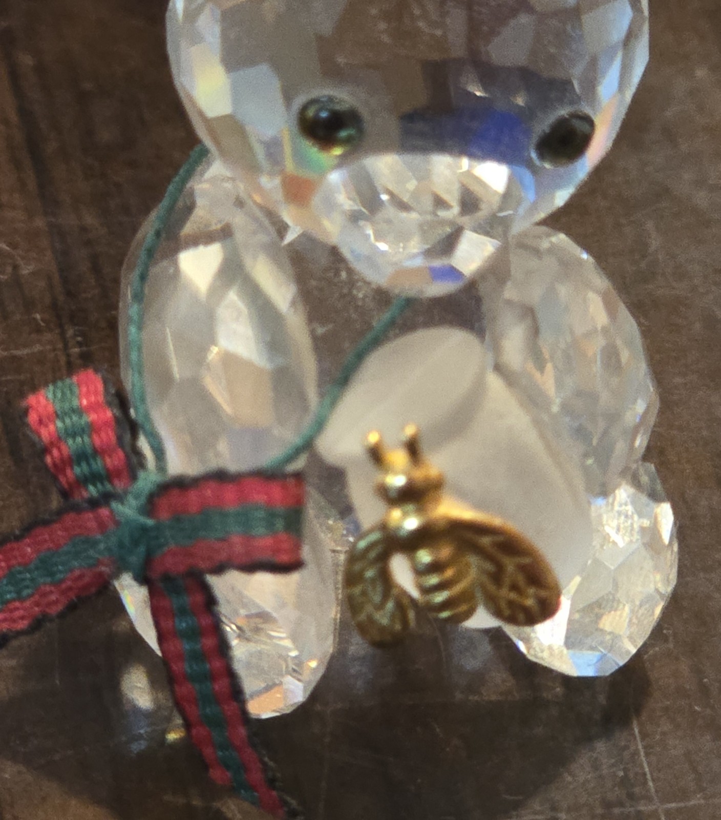 1990’s Swarovski Crystal 1½” Kris Bear Honey Pot 213068 Bumble Bee Plaid Bow