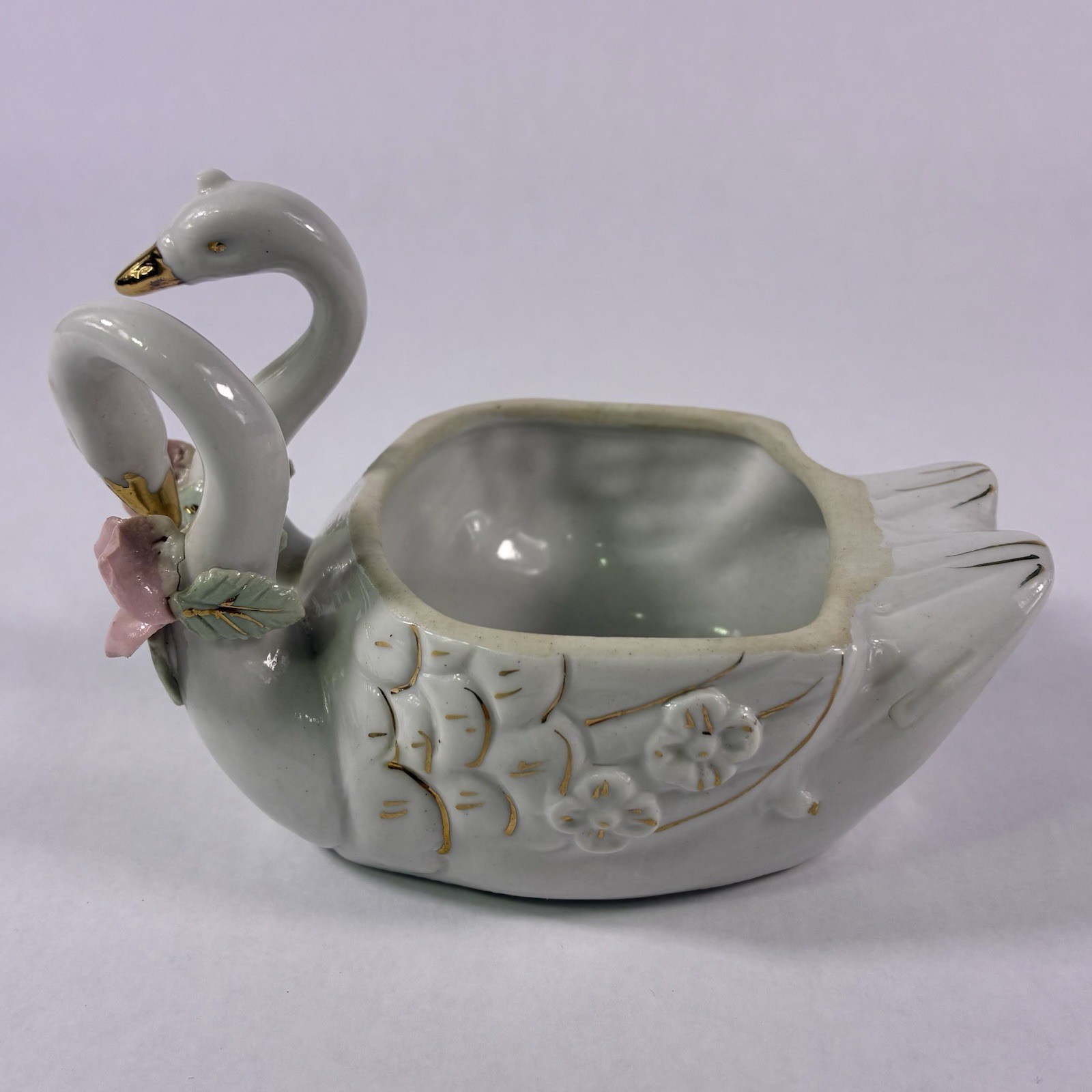 Vintage 2 Swans Trinket Dish Figurine Porcelain Roses Small Flowers Decor