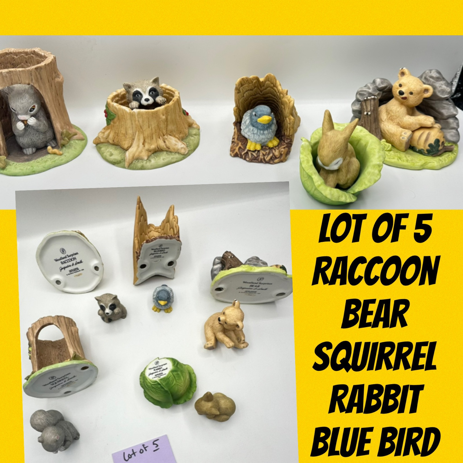 1984 Woodland Surprises Lot Of 5 RACCOON BLUEBIRD RABBIT BEAR SQUIRREL Porcelain