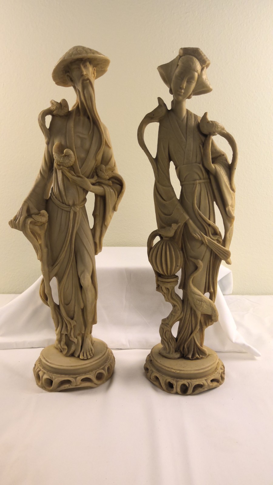 Vintage Asian Carved Resin Man & Woman with Birds Figural Statues 19.5 Inches