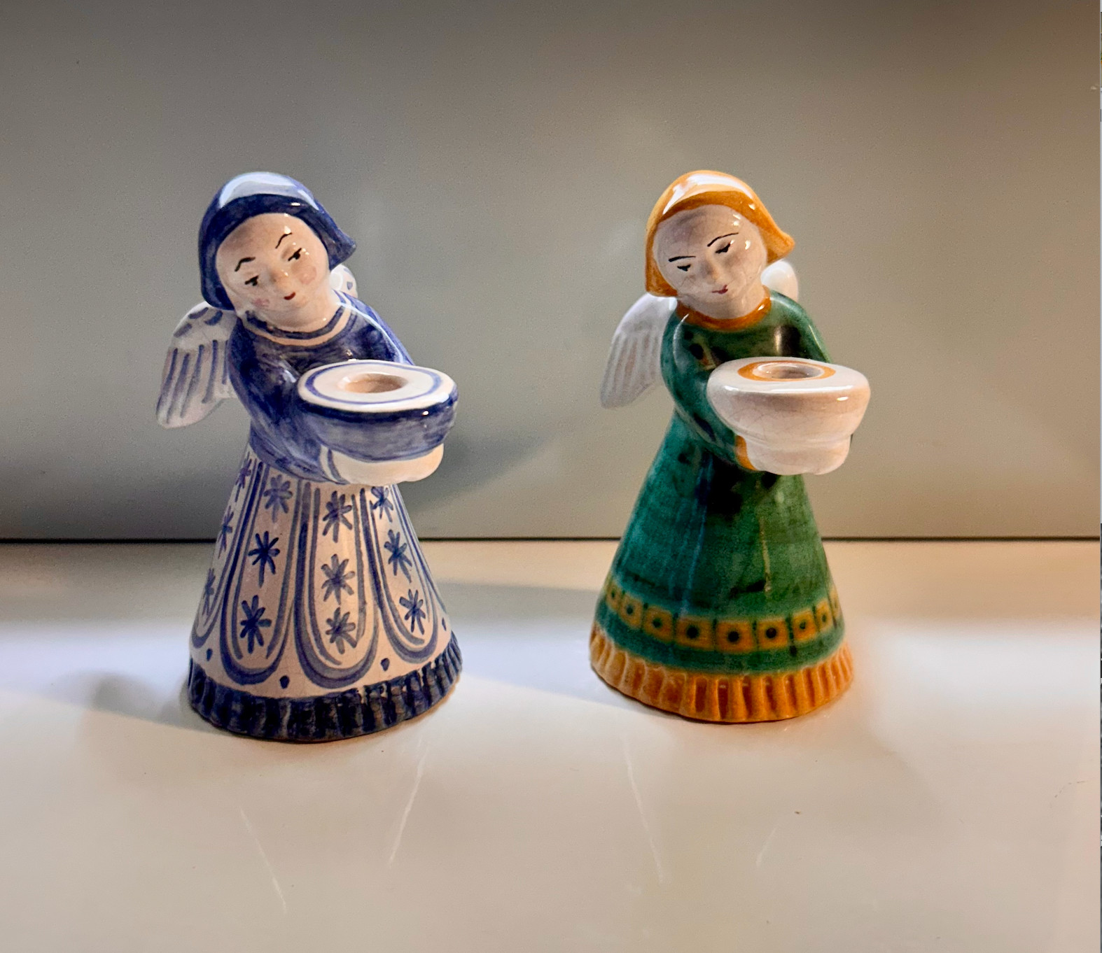 Vintage L. Hjort Bornholm Pair of Danish Ceramic Angels Candle Holders