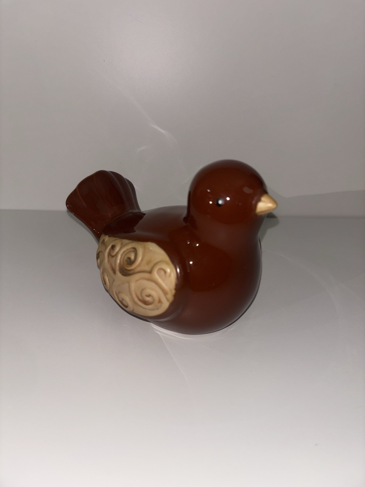 Charming Brown Ceramic Bird Figurine Glazed Body Detailed Wing Design