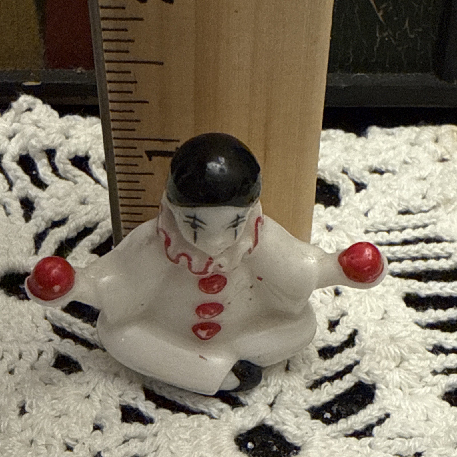 Vintage Miniature Harlequin Black Red & White Clown Figurine Taiwan