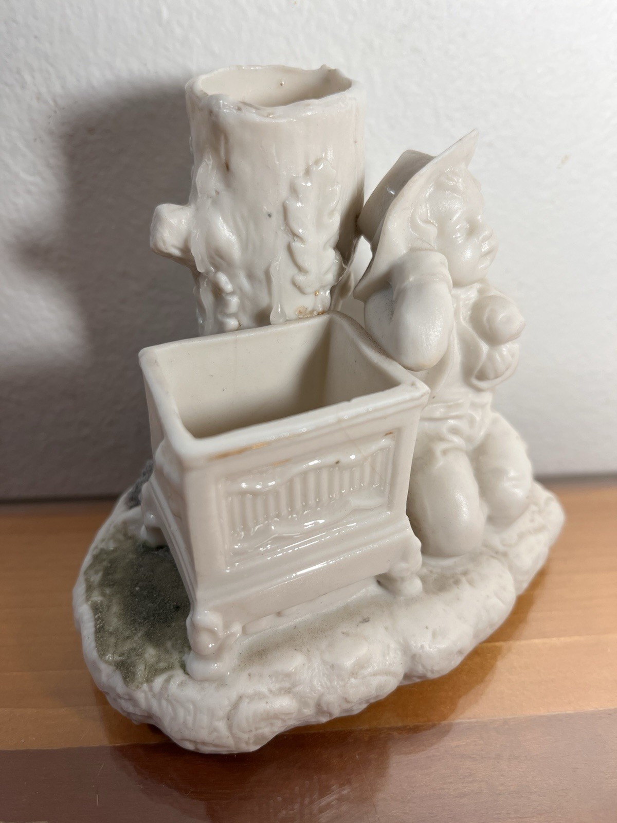 Vintage Heubach style Porcelain Boy w Puppy Vase & Candle Holder Figurine 4”