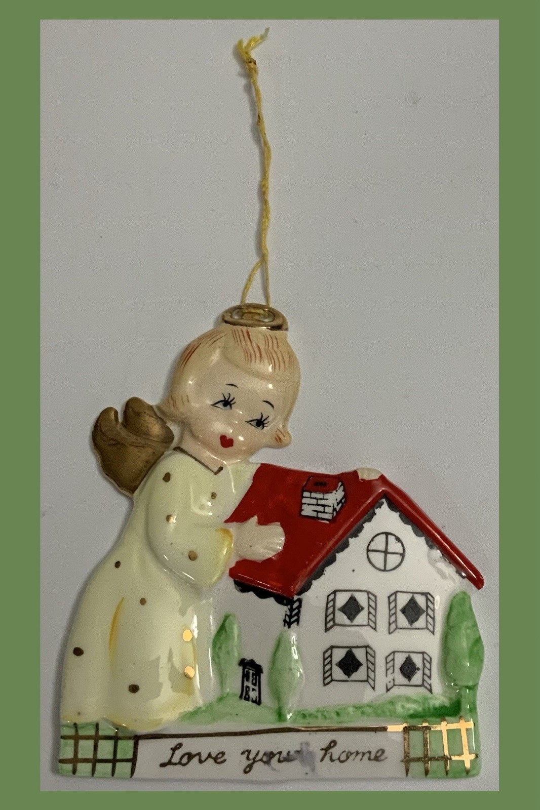 Yona Original Japan 1956 Love Your Home Ceramic Plaque W/Angel – 3½ x 4⅛”