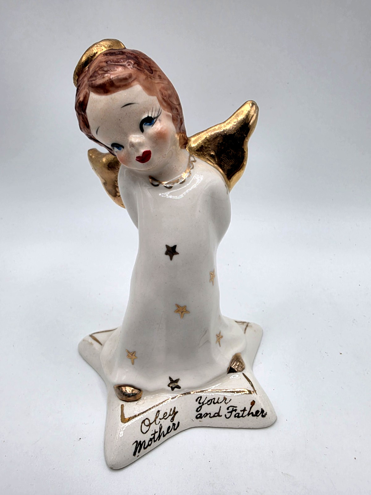 Vtg. 1956 YONA Angel Figurine, Obey Your Mother And Father, 5.5″