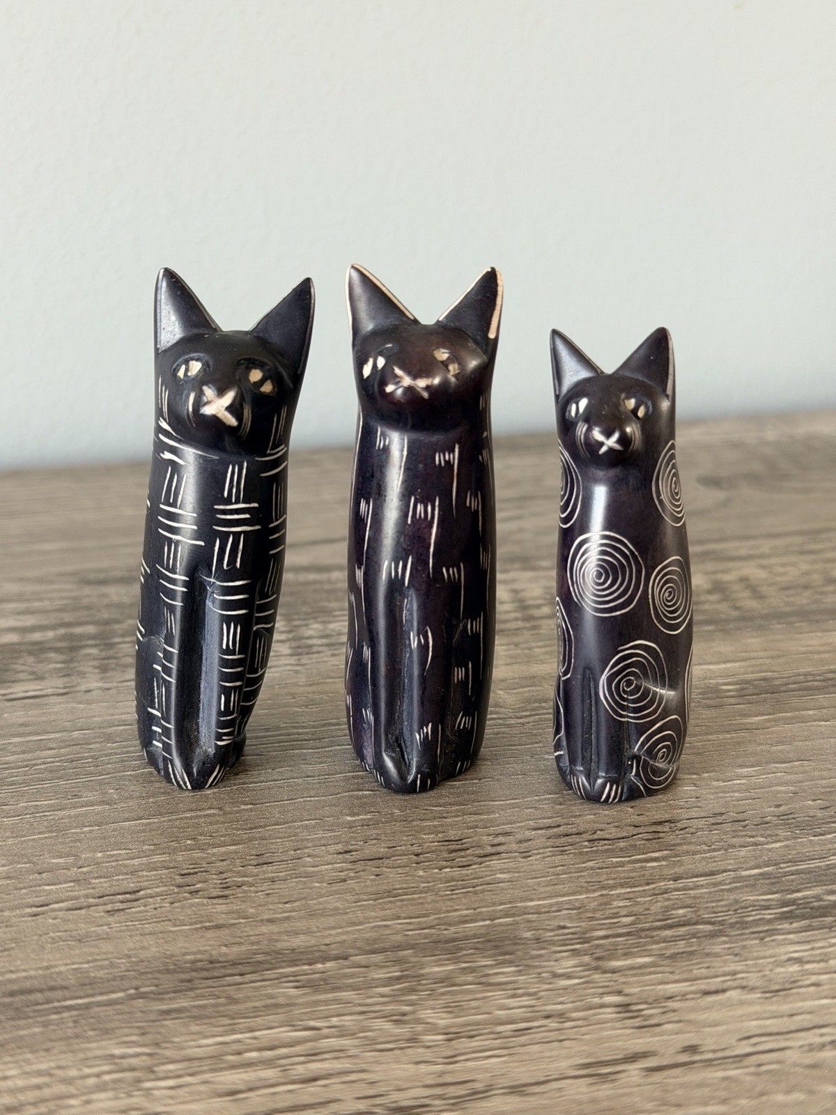 Set Of 3 Soapstone Hand Carved Black Cat Figurine Stone Art Sculpture Patterns