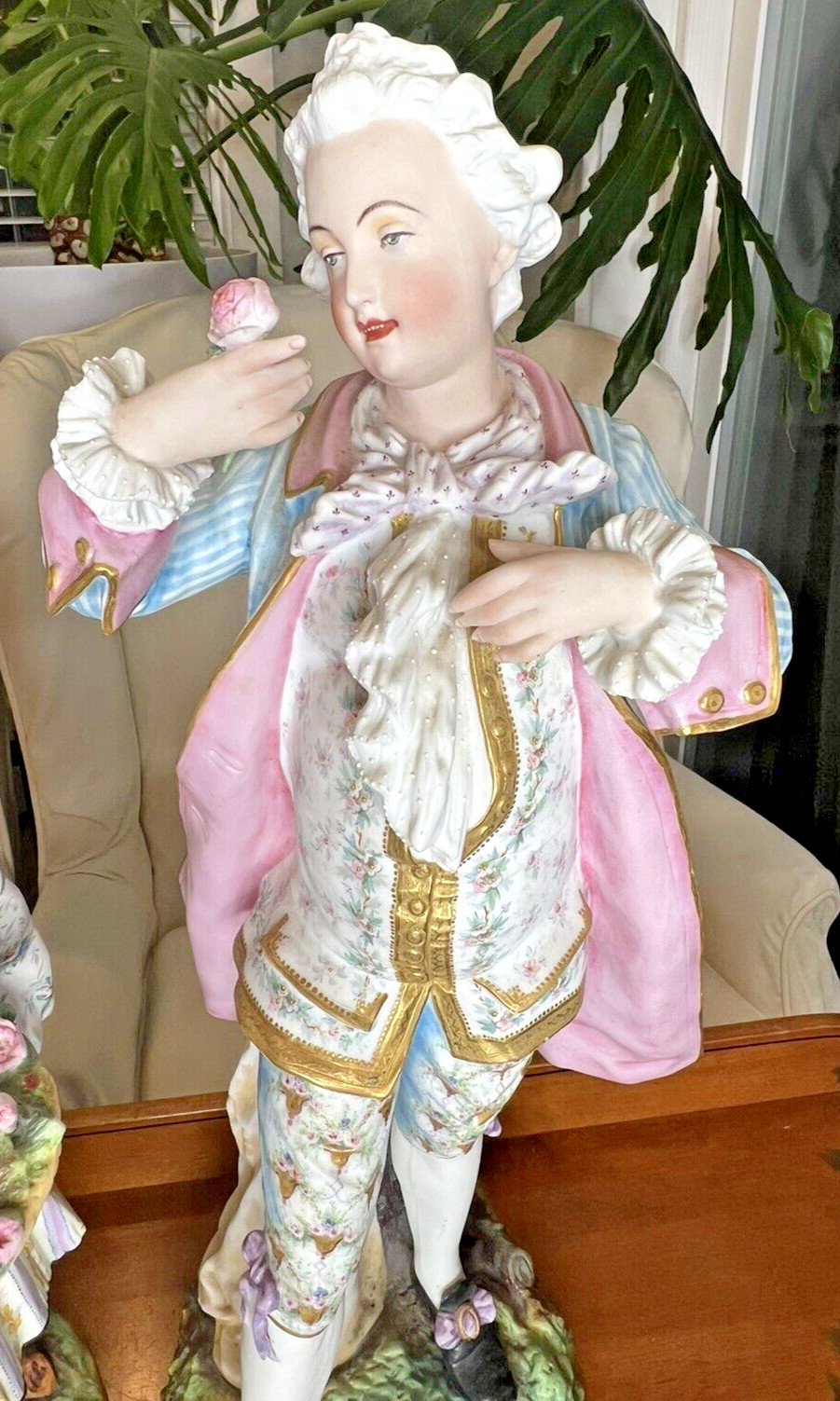 Large Antique French Pair Figure Romantic Bisque Porcelain Old Paris 19thC 20″