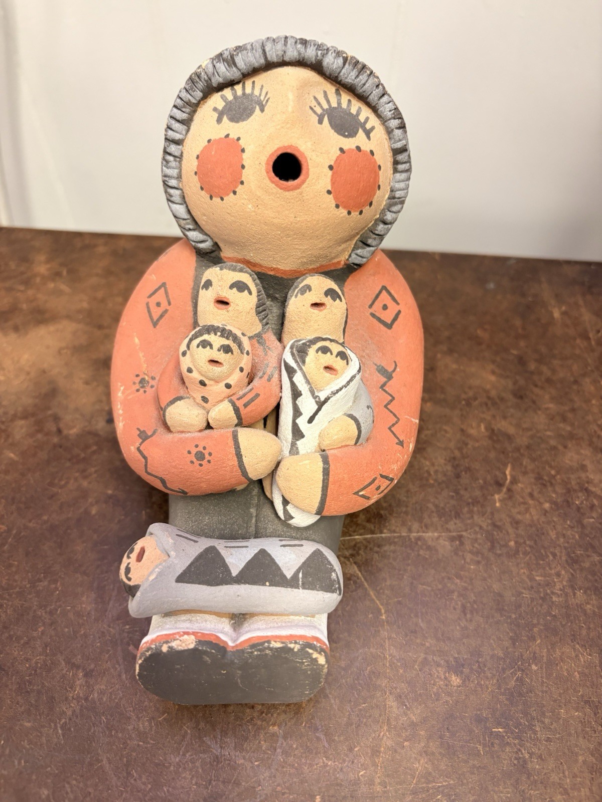 Hand Painted signed ceramic Native American Mother & Children Figurine