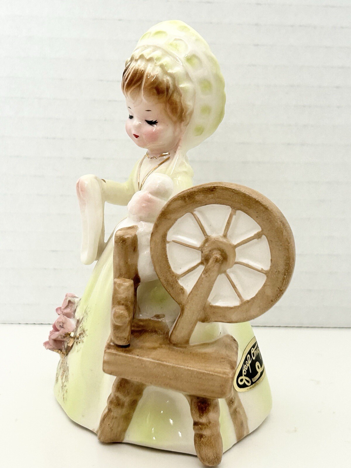 Josef Originals Colonial Days Spinning Wheel Girl Figurine Green Dress