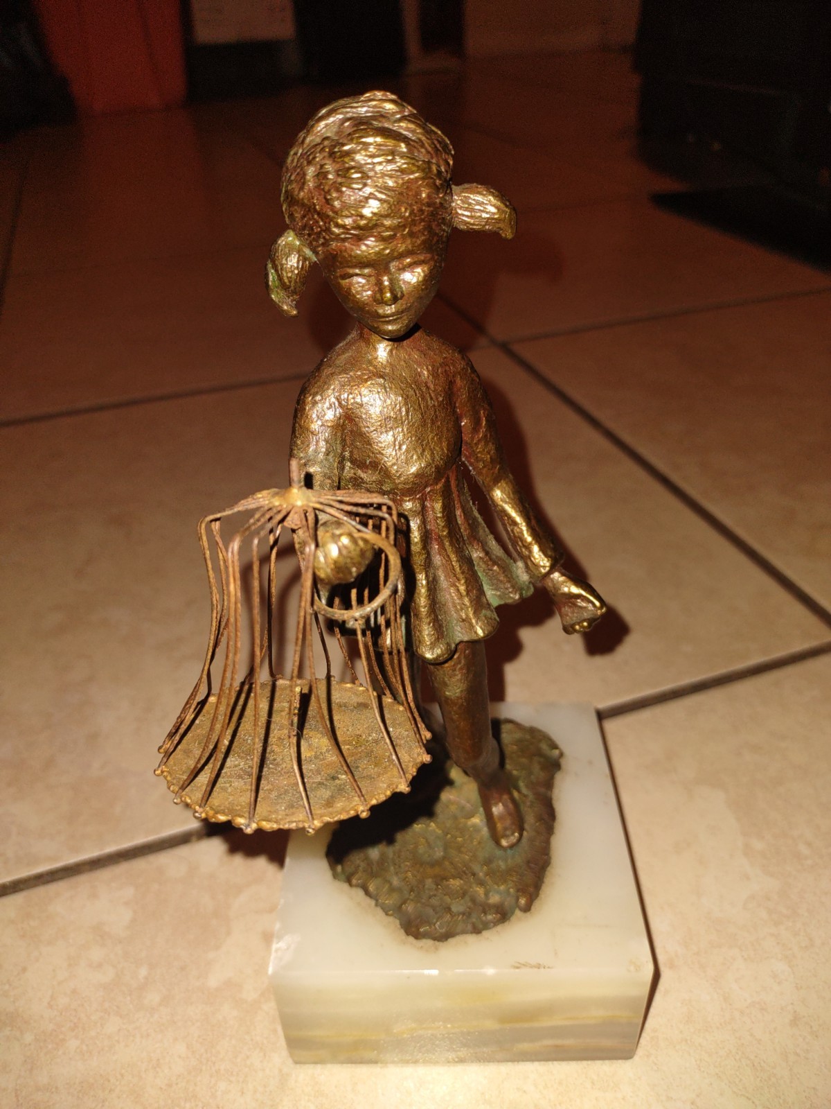 Early 1900’s Bronze Statue of Girl Holding a Basket, Marble Base