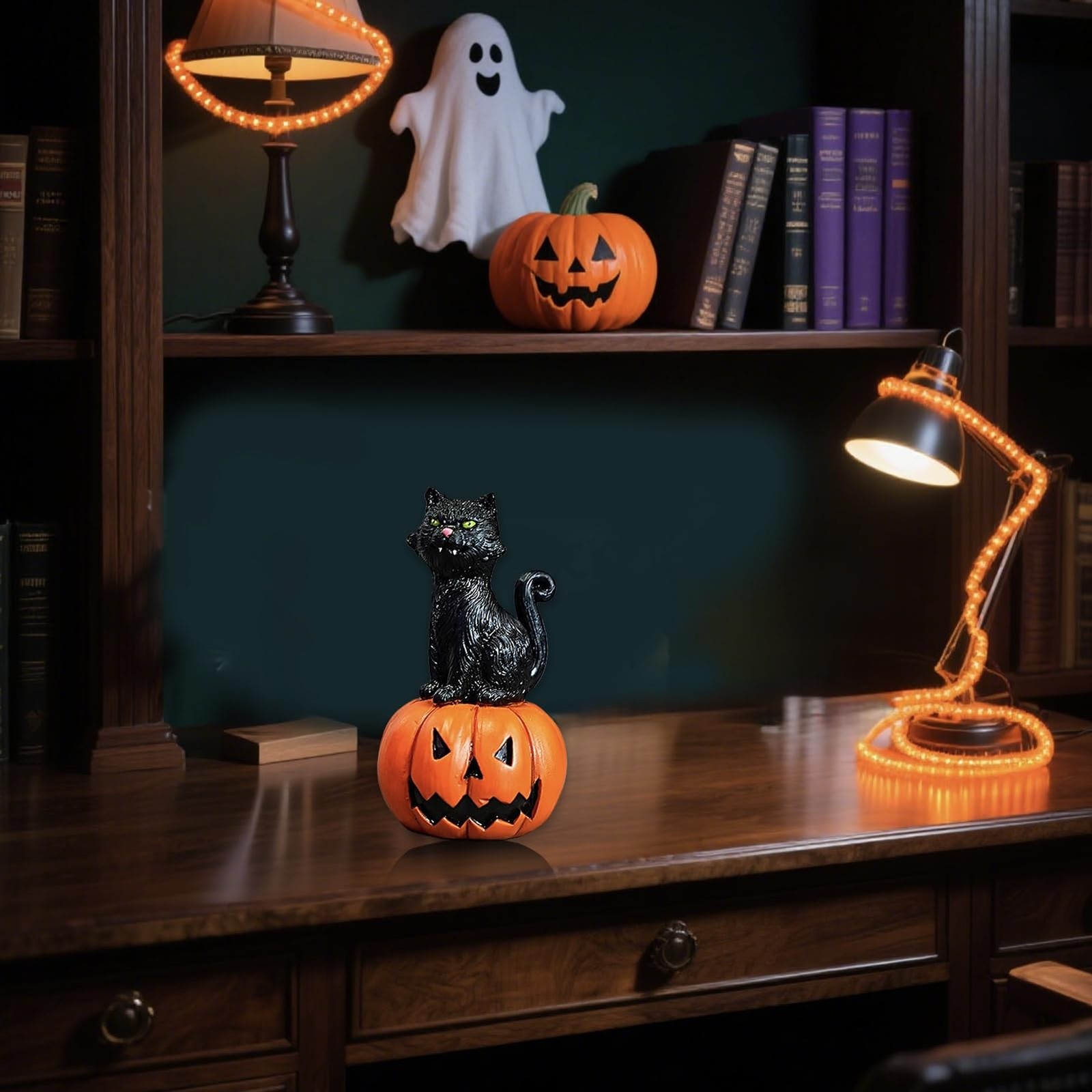 Mini Resin Pumpkin Cat Figurine Cute Desktop Decor Shelf Sitter Gift