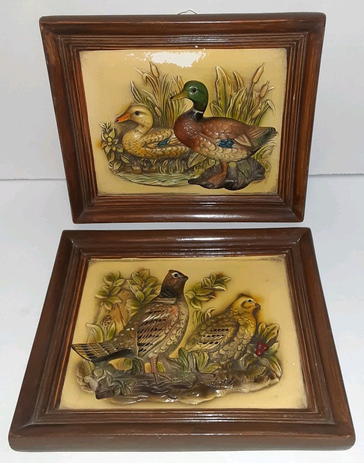 MCM Napco Chalkware Pictures Mallard Ducks Quails 3D Set Of 2